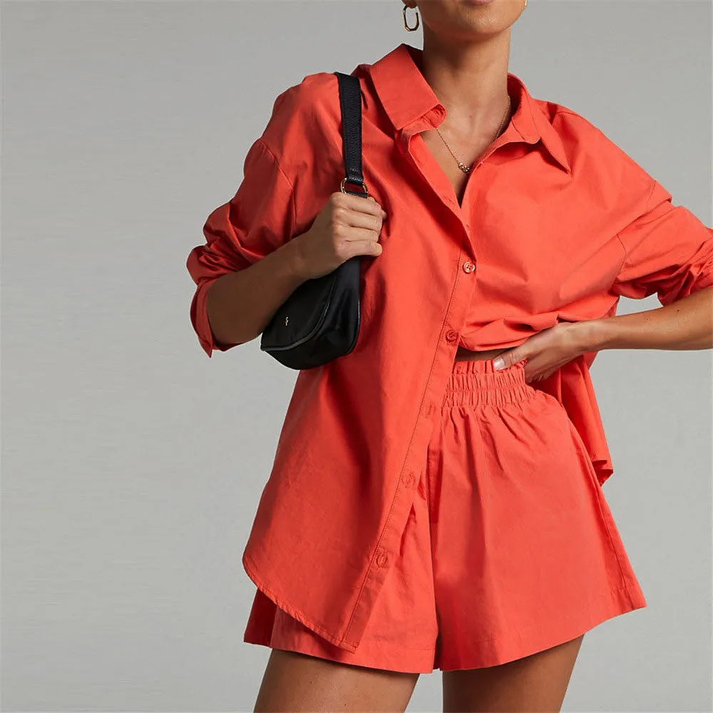 Women's Tracksuits Shirt With Mini Shorts Cotton Two Pieces Sets Fashion Clothing Outfits Blouse Set
