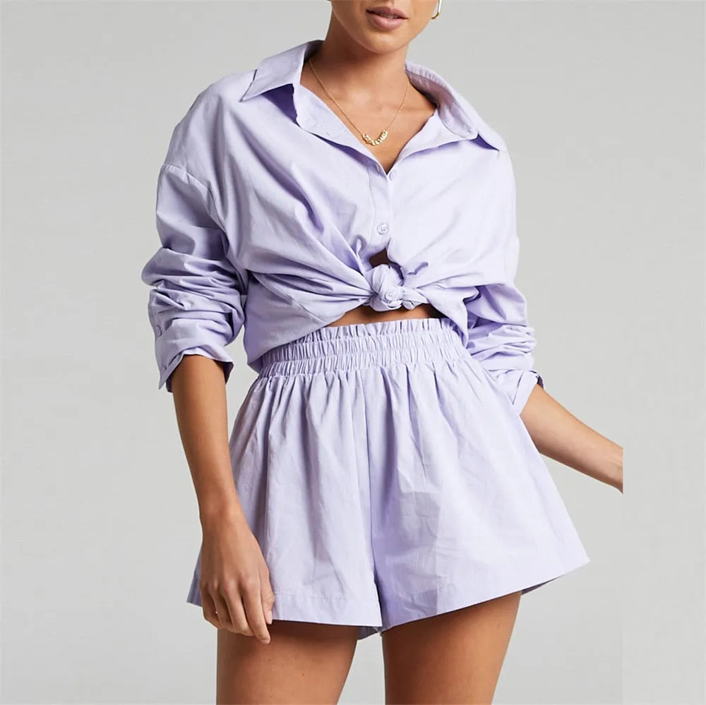Women's Tracksuits Shirt With Mini Shorts Cotton Two Pieces Sets Fashion Clothing Outfits Blouse Set
