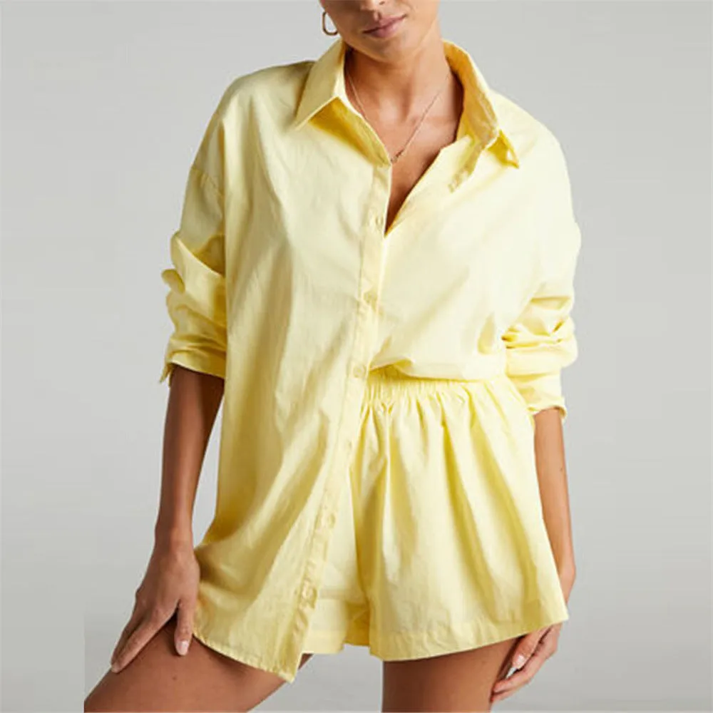 Women's Tracksuits Shirt With Mini Shorts Cotton Two Pieces Sets Fashion Clothing Outfits Blouse Set