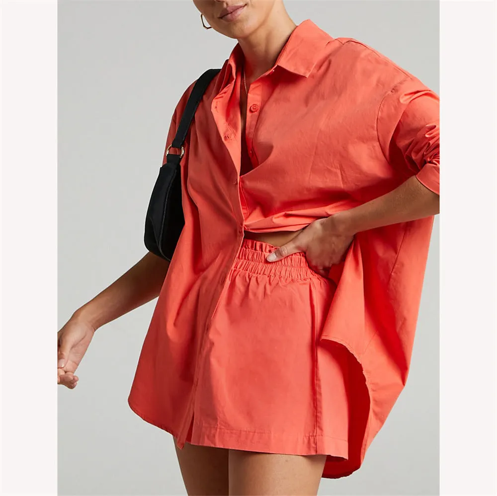 Women's Tracksuits Shirt With Mini Shorts Cotton Two Pieces Sets Fashion Clothing Outfits Blouse Set