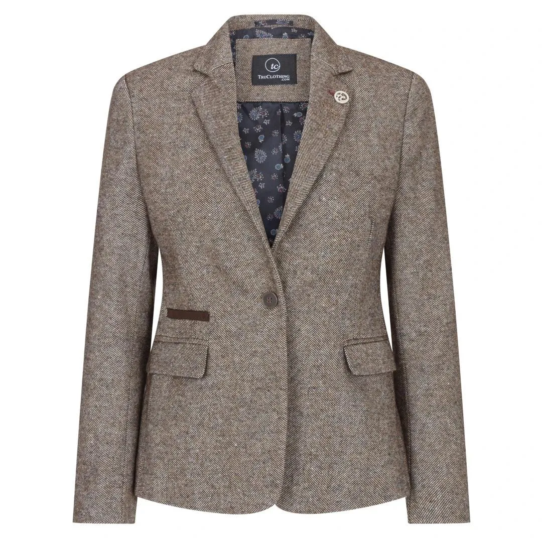 Womens Tweed Blazer Jacket 1920s Vintage Elbow Patch Waistcoat Blinders Tan