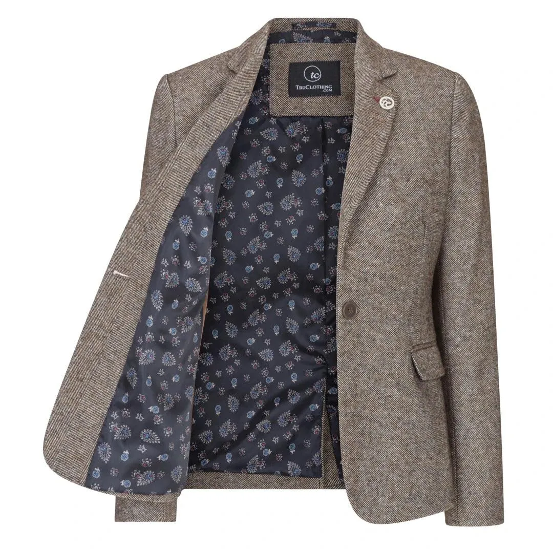 Womens Tweed Blazer Jacket 1920s Vintage Elbow Patch Waistcoat Blinders Tan