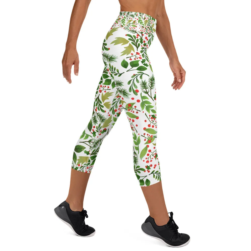 Xmas Floral Christmas Capris Tights, Green Red White Premium Women's Yoga Capri Leggings- Made in USA