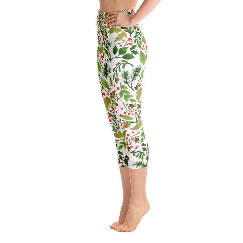Xmas Floral Christmas Capris Tights, Green Red White Premium Women's Yoga Capri Leggings- Made in USA