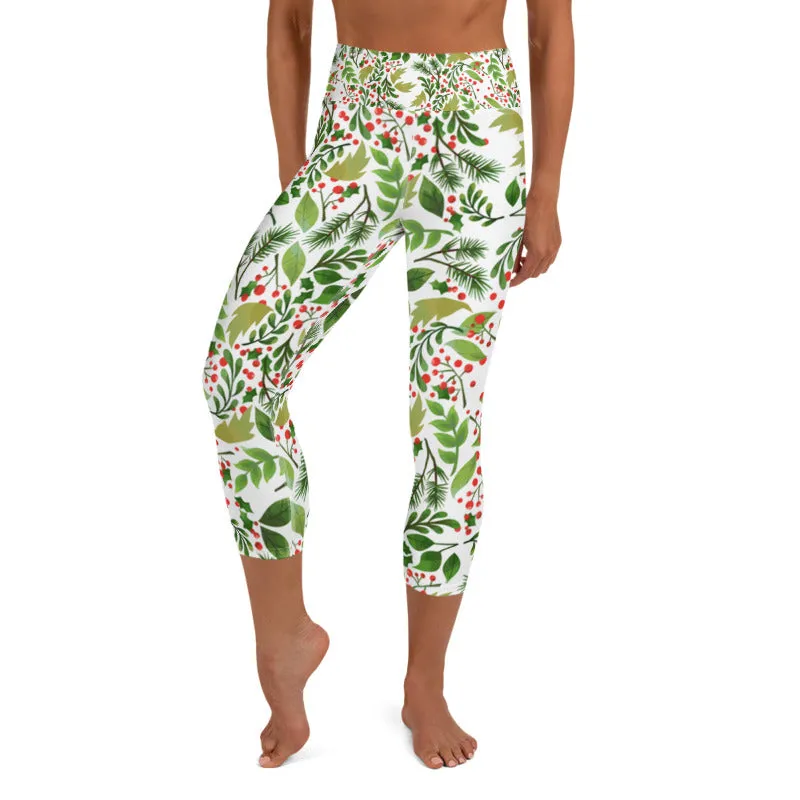 Xmas Floral Christmas Capris Tights, Green Red White Premium Women's Yoga Capri Leggings- Made in USA