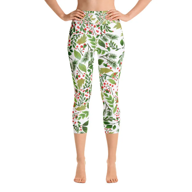 Xmas Floral Christmas Capris Tights, Green Red White Premium Women's Yoga Capri Leggings- Made in USA