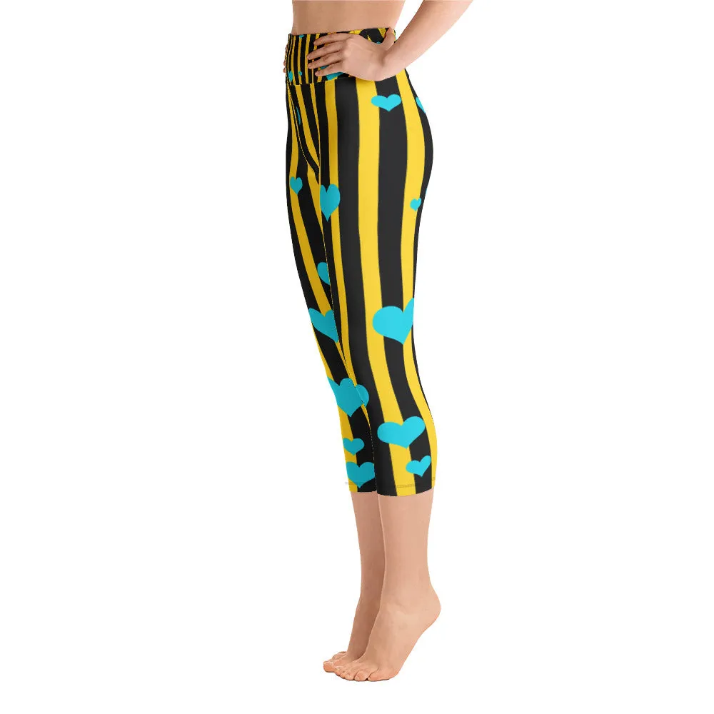 Yellow Striped Yoga Capri Pants, Women's Capris Leggings w/ Pockets -Made In USA/EU