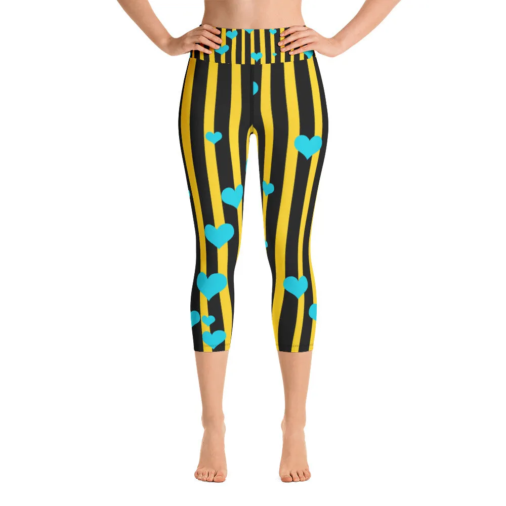Yellow Striped Yoga Capri Pants, Women's Capris Leggings w/ Pockets -Made In USA/EU
