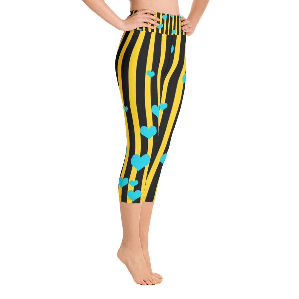 Yellow Striped Yoga Capri Pants, Women's Capris Leggings w/ Pockets -Made In USA/EU